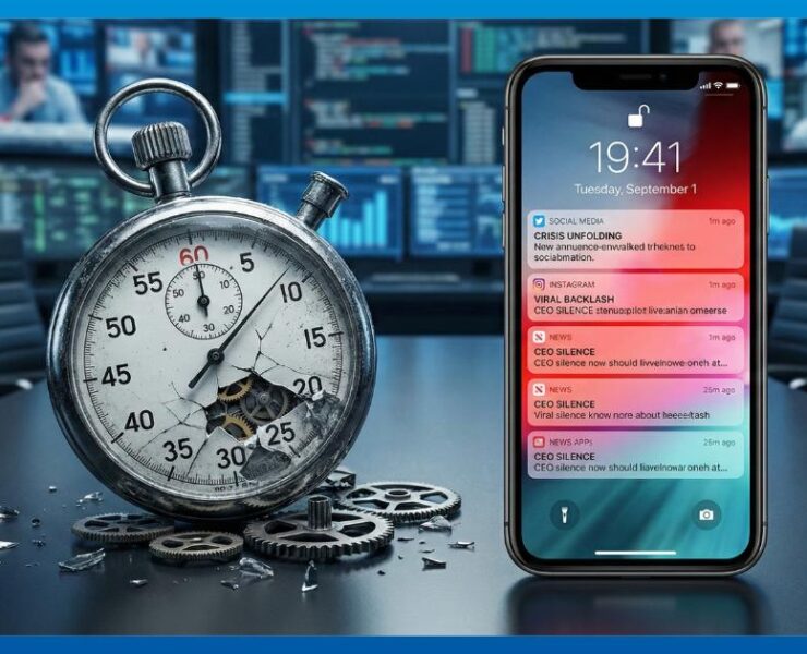 Shattered stopwatch next to a smartphone showing viral notification alerts, symbolizing the end of the Golden Hour in crisis management