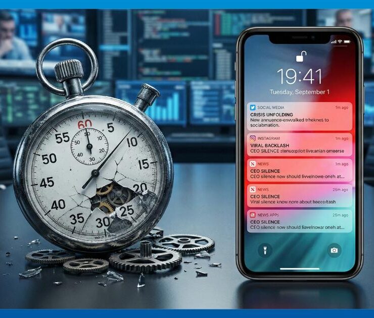 Shattered stopwatch next to a smartphone showing viral notification alerts, symbolizing the end of the Golden Hour in crisis management