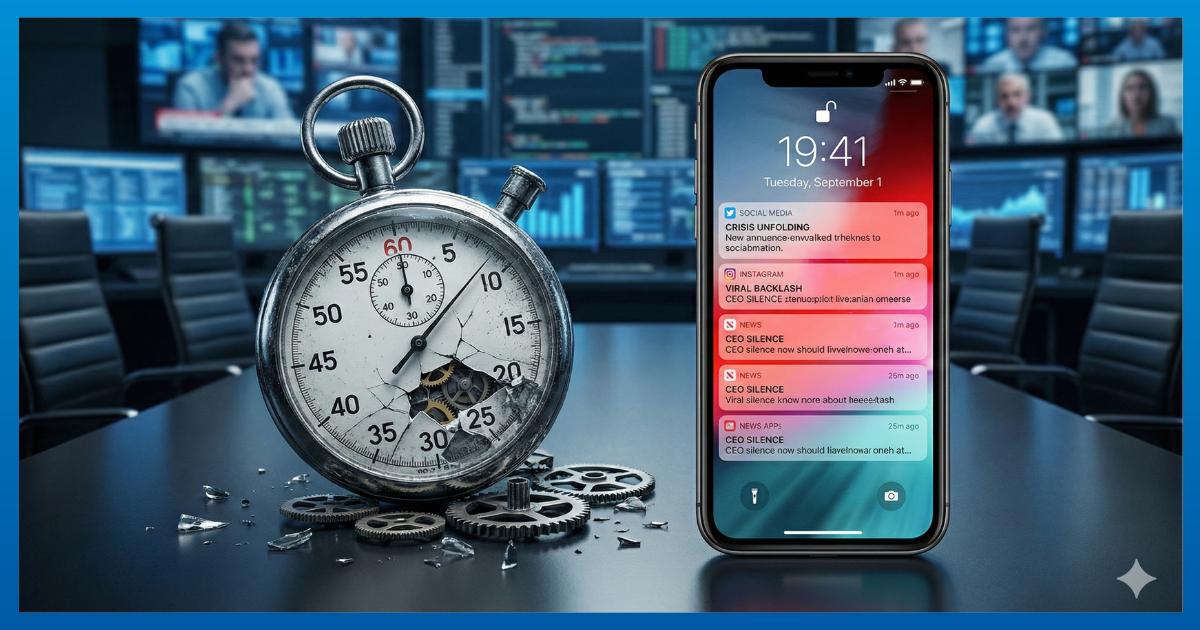 Shattered stopwatch next to a smartphone showing viral notification alerts, symbolizing the end of the Golden Hour in crisis management