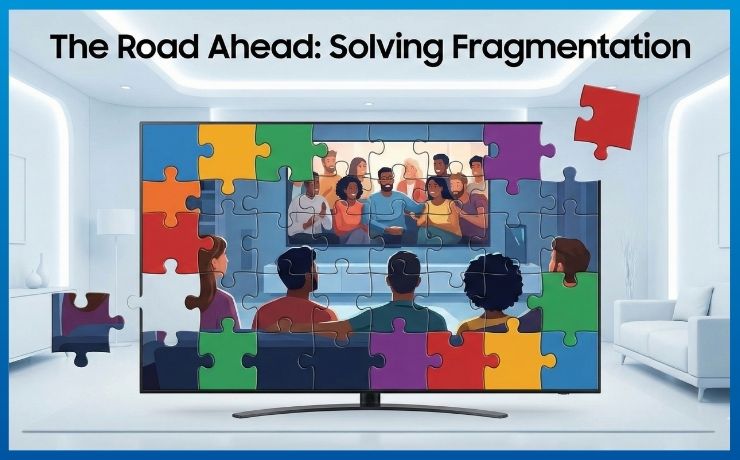A futuristic living room where a large television screen is being assembled from multiple, brightly colored jigsaw pieces. Each piece is a different color but has no logo. The final, assembled screen displays a seamless image of a diverse group of people watching TV together, symbolizing the unification of a fragmented CTV ecosystem into a single, cohesive platform.