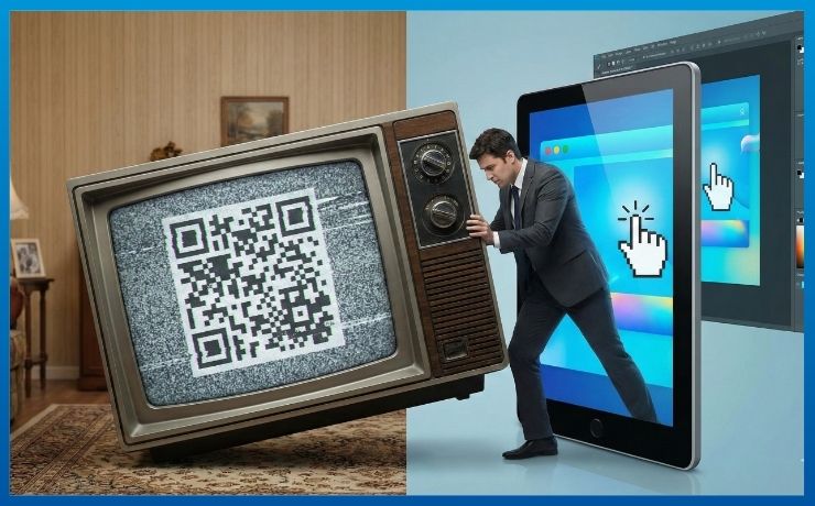 A person in a business suit struggles to push a vintage television set displaying a "DIGITAL" neon sign through a giant tablet screen displaying a modern analytics dashboard. This visual metaphor represents the friction of trying to force traditional TV advertising into a modern digital framework.